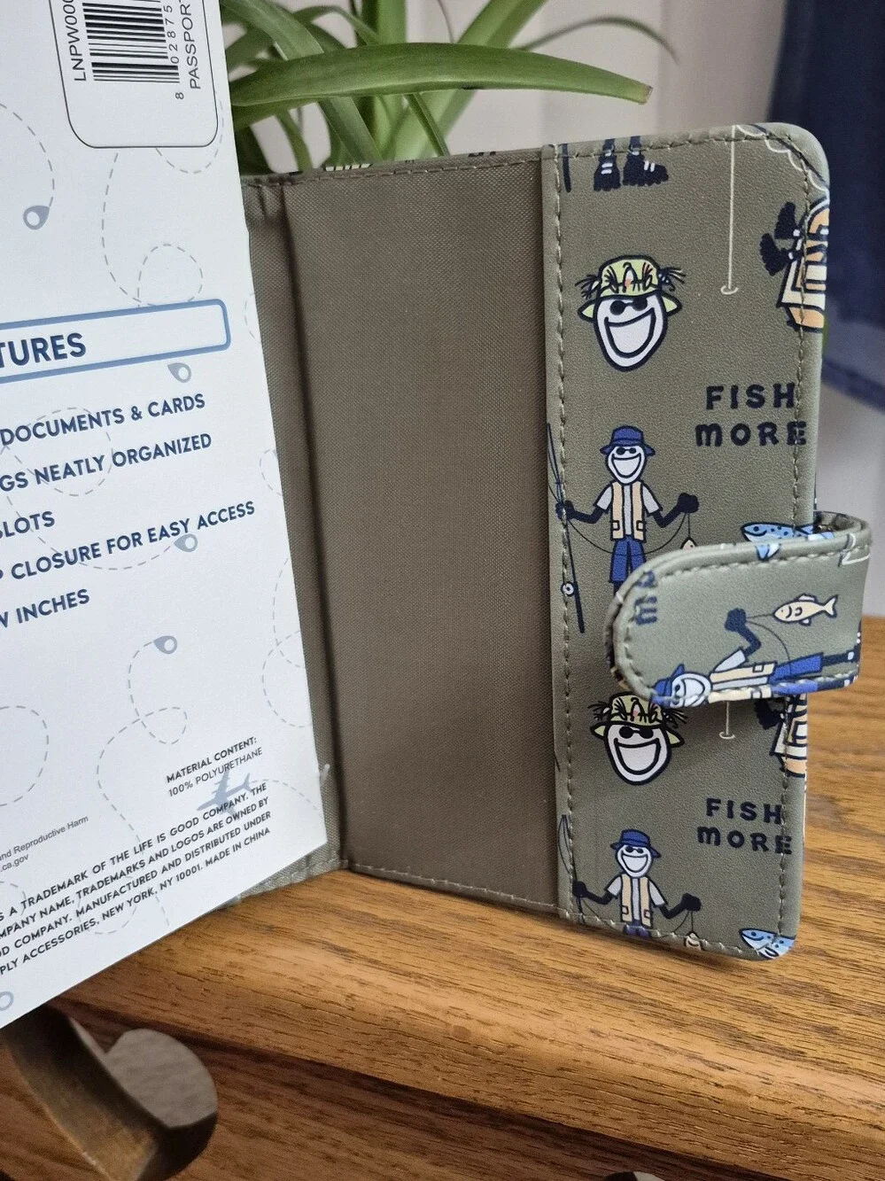 Life Is Good Olive Green Fishing Passport Holder with Blue & Yellow Accents. NEW
